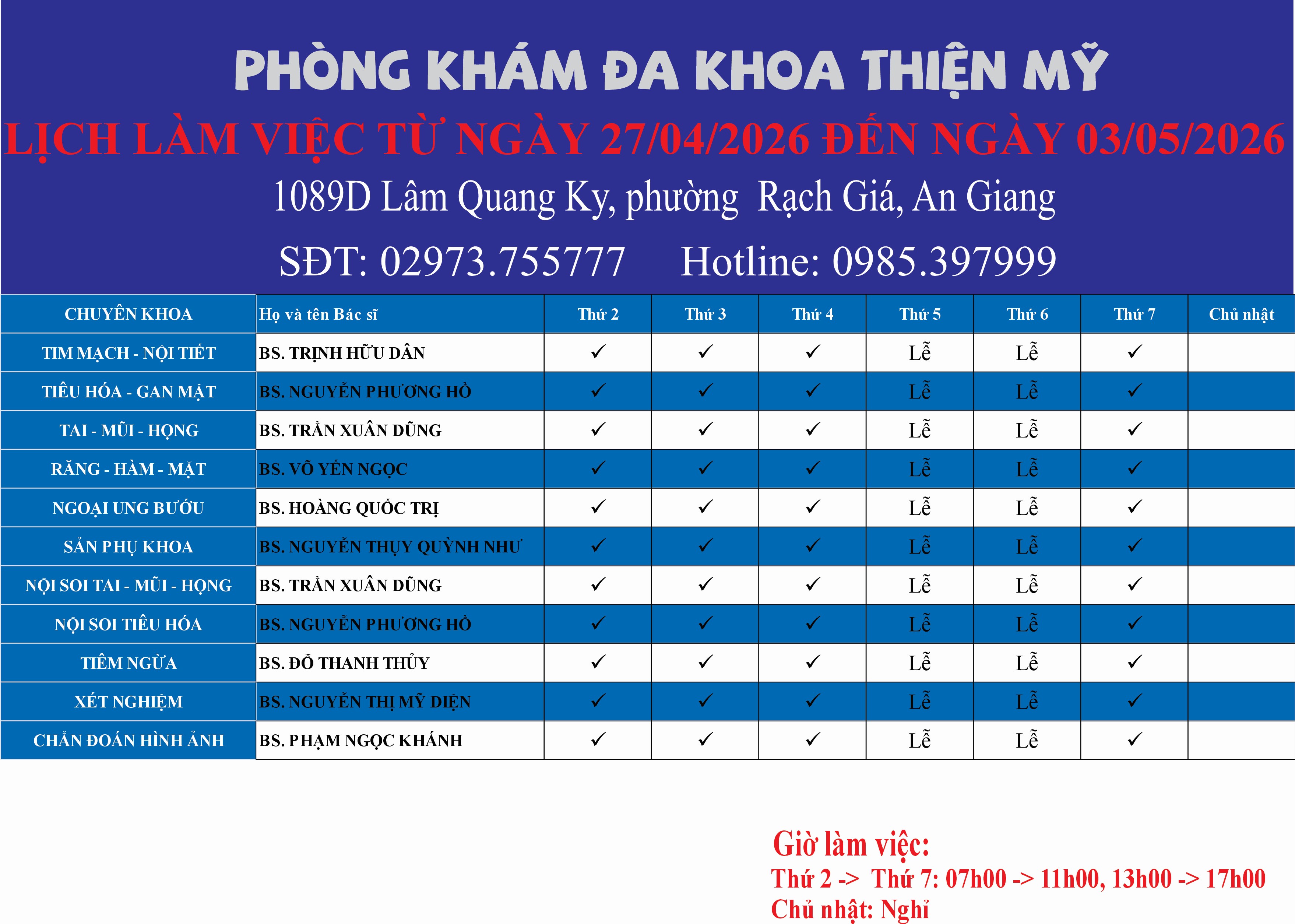 LỊCH LÀM VIỆC TỪ NGÀY 27/04/2026 ĐẾN NGÀY 03/05/2026